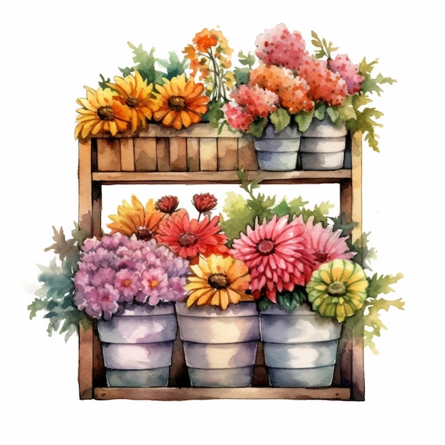 There are many different flowers in pots on a shelf generative ai