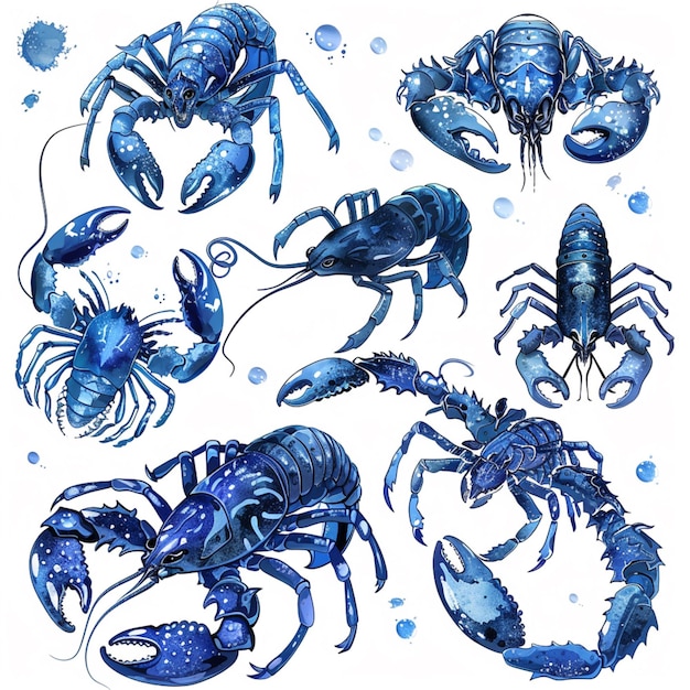 there are many different kinds of blue lobsters on a white background generative ai