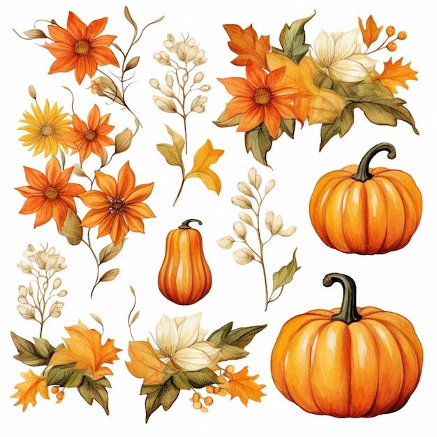 There are many different types of flowers and pumpkins on this picture generative ai