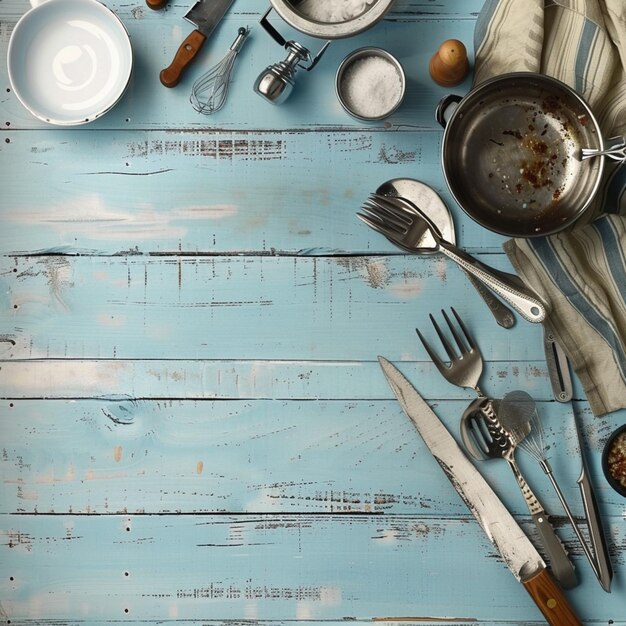 Photo there are many different types of kitchen utensils on a blue table generative ai