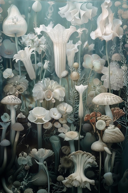 there are many different types of mushrooms in this painting generative ai