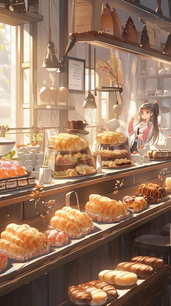 there are many different types of pastries on display in a bakery generative ai