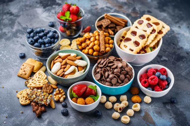 Photo there are many different types of snacks in the bowls