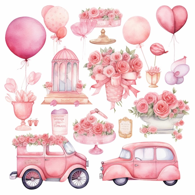 There are many different watercolor illustrations of pink flowers and balloons generative ai