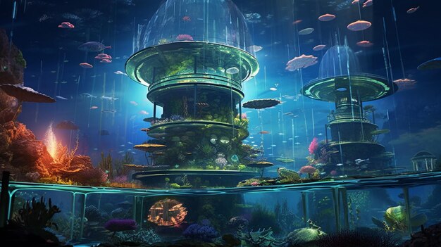 There are many fish swimming in a large aquarium with a waterfall generative ai