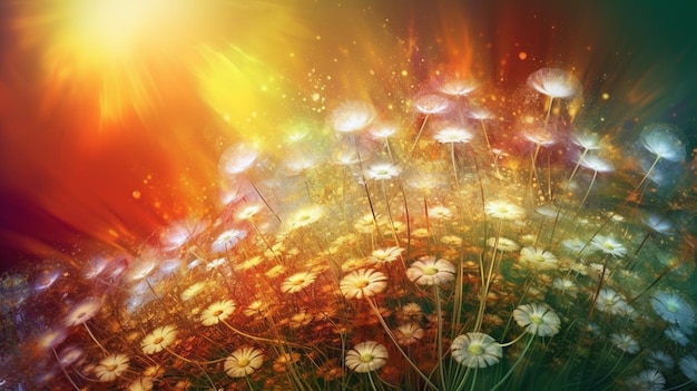 There are many flowers that are in the grass with the sun in the background generative ai