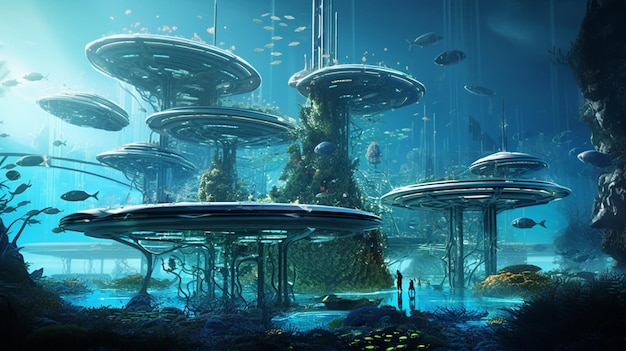 there are many futuristic buildings in the ocean with fish generative ai