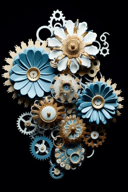 There are many gears and flowers on a black background generative ai