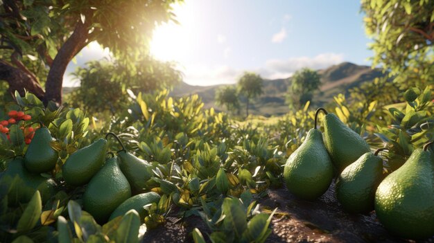 There are many green pears in a field of green plants generative ai