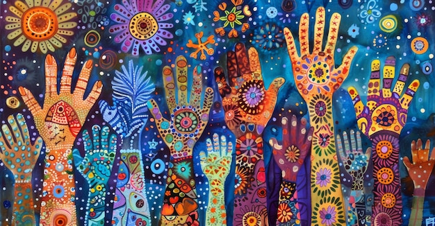 Photo there are many hands tased up artistic painting of many hands rainbow colors togetherness diversity concept