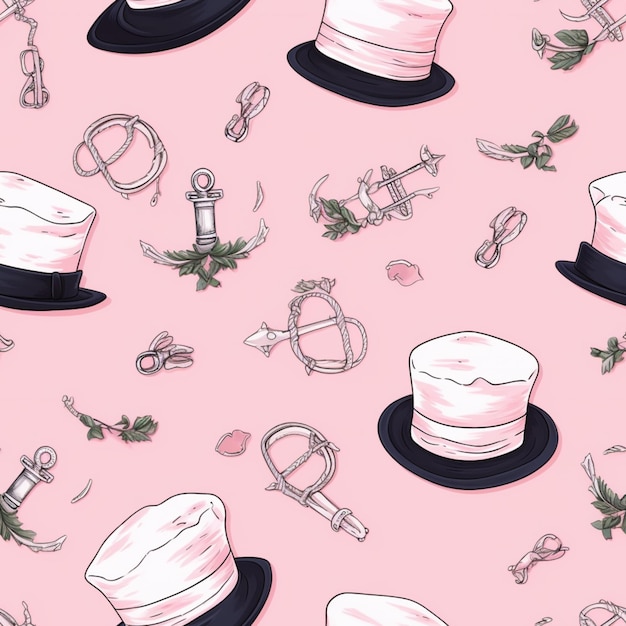 There are many hats and other items on a pink background generative ai