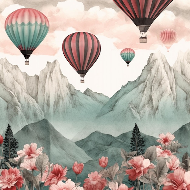 There are many hot air balloons flying over a mountain range generative ai