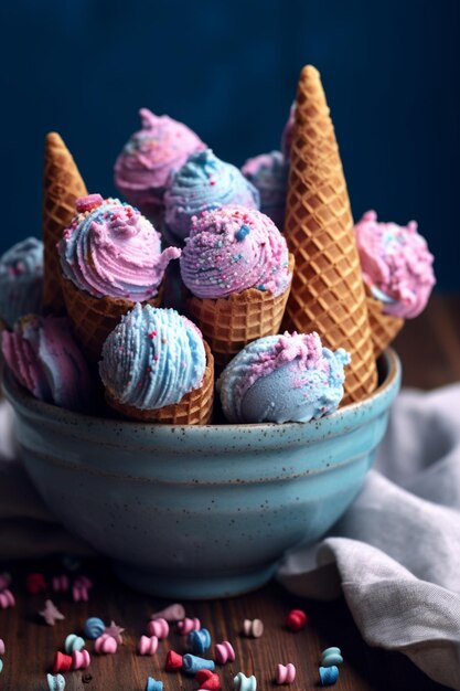 There are many ice cream cones in a bowl with sprinkles generative ai