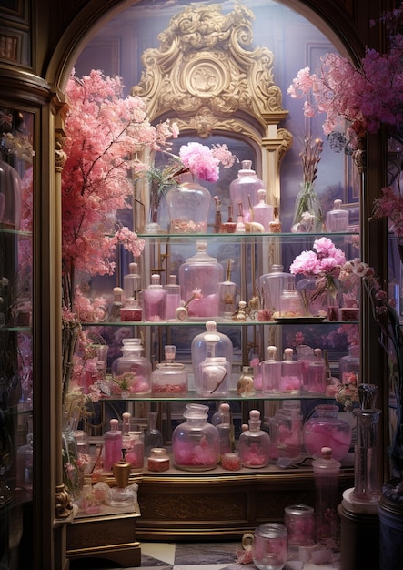 there are many jars of pink flowers in a display case generative ai