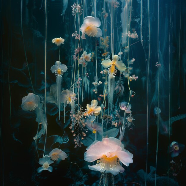 there are many jellyfishs floating in the water with flowers generative ai