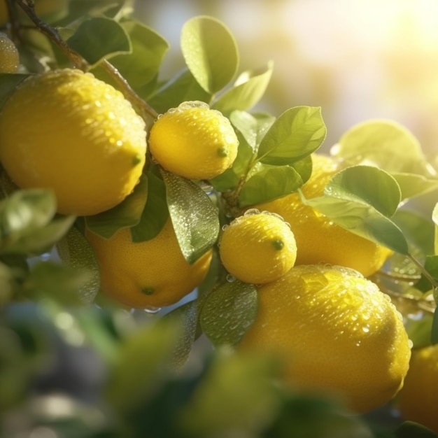 There are many lemons hanging from a tree with green leaves generative ai