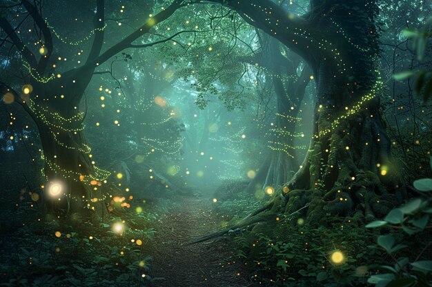 there are many lights that are flying in the air in the woods generative ai