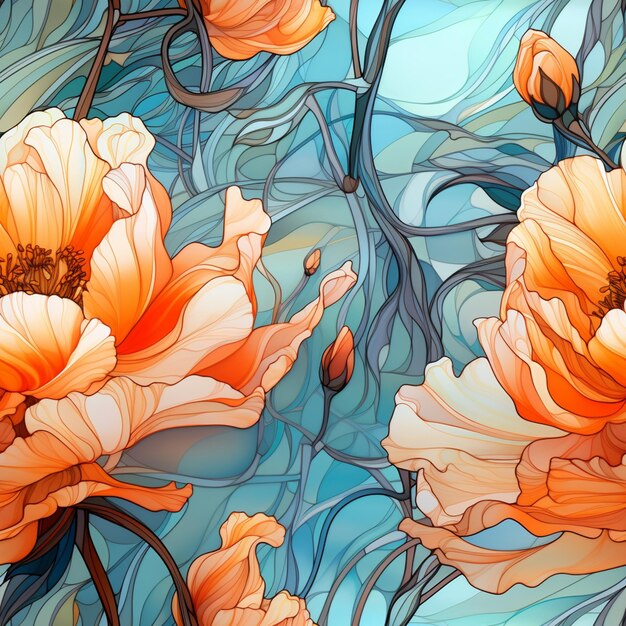 There are many orange flowers that are on a blue background generative ai