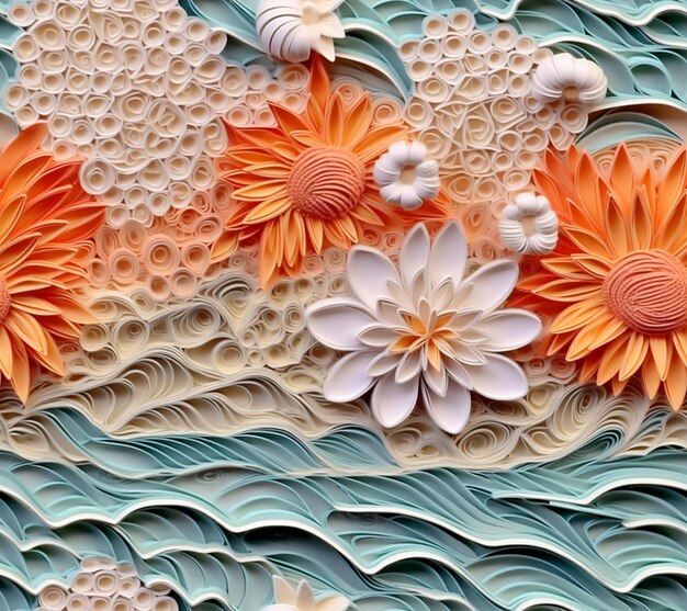 There are many paper flowers on a wave of water generative ai