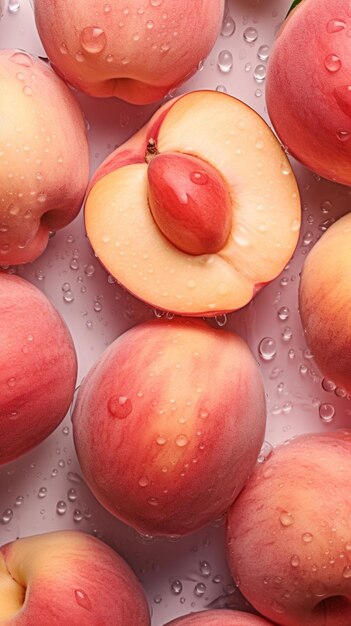 There are many peaches that are on a white surface generative ai