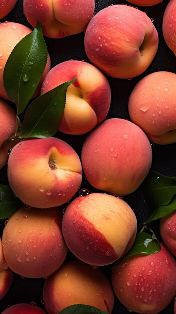 There are many peaches with leaves on them on a table generative ai