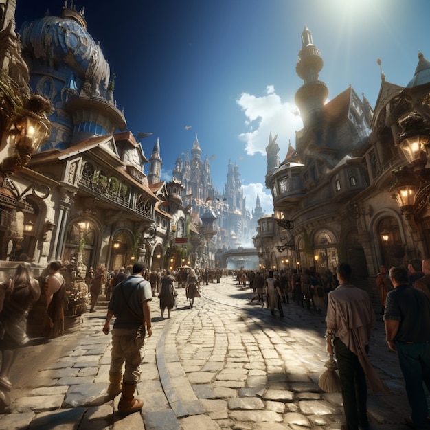 There are many people walking down a street in a fantasy setting generative ai