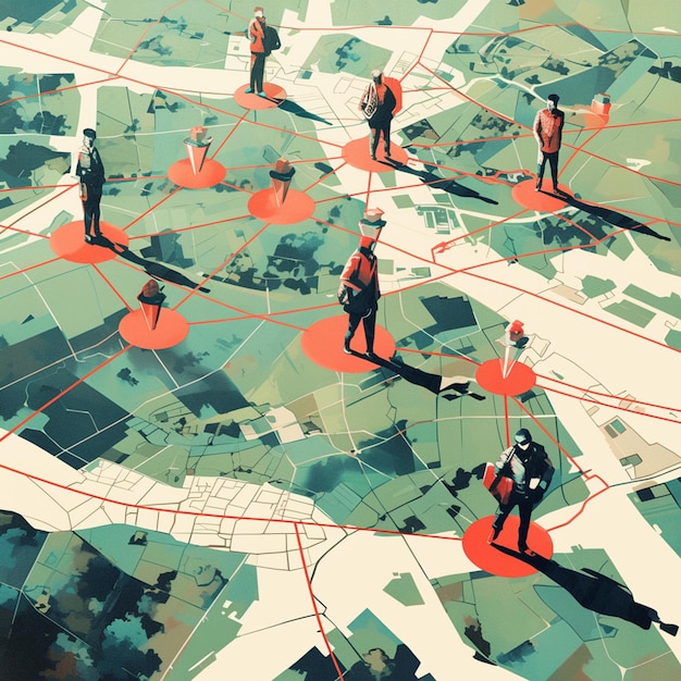 Photo there are many people walking on a map with red circles generative ai