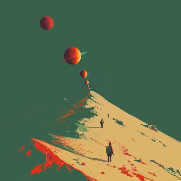 there are many people walking up a hill with orange balls generative ai