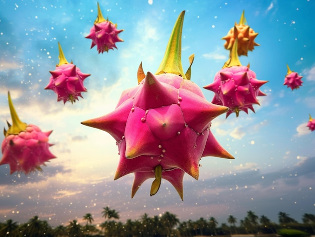 There are many pink dragon fruit flying in the air generative ai