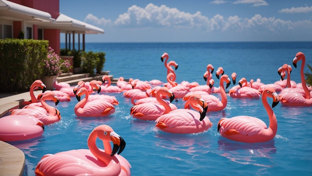 There are many pink flamingo pool floats in a blue swimming pool