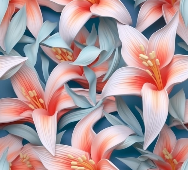 there are many pink flowers that are on a blue surface generative ai