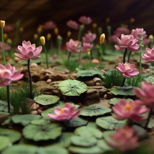 There are many pink flowers that are growing out of the ground generative ai