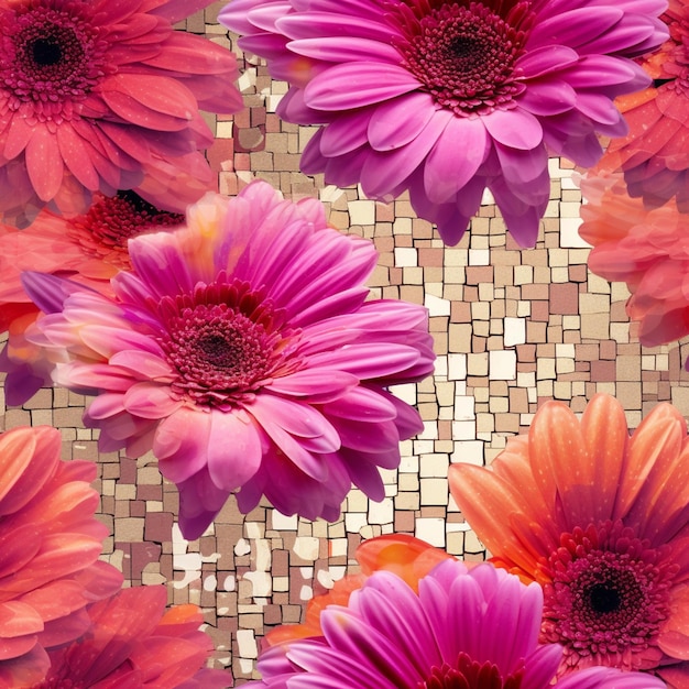 There are many pink and orange flowers on a mosaic tile floor generative ai