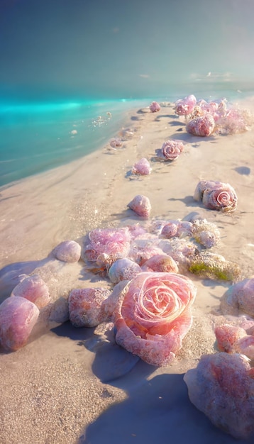 There are many pink roses on the beach near water generative ai