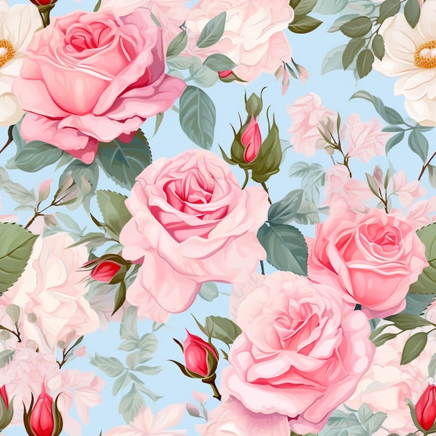 there are many pink roses on a blue background with green leaves generative ai