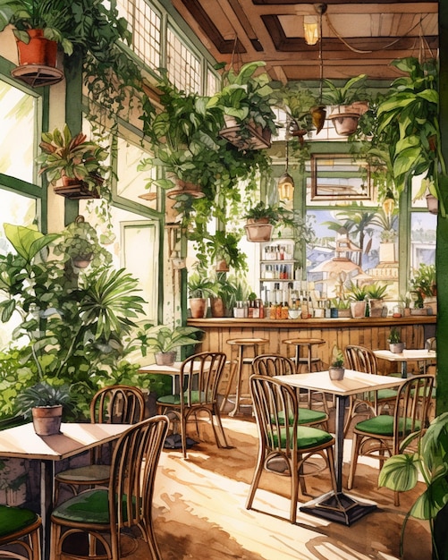 There are many plants in the room and a bar in the background generative ai