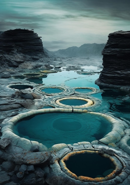 there are many pools of water in the middle of a rocky area generative ai