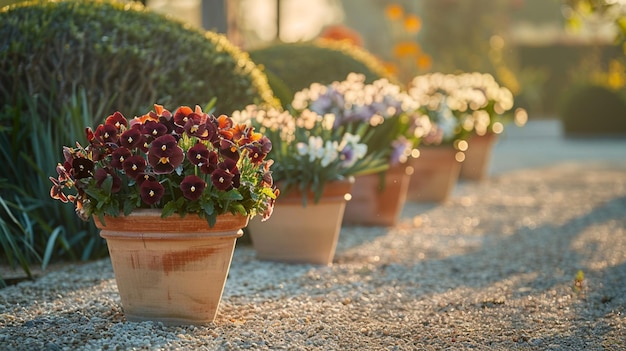 there are many potted plants that are sitting on the ground generative ai