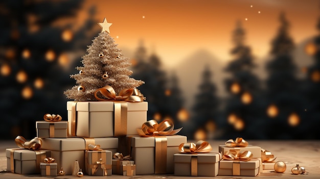 there are many presents stacked up on a table with a christmas tree generative ai