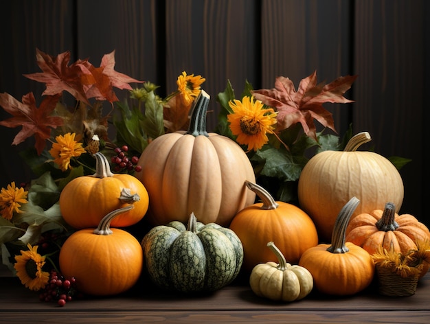 There are many pumpkins and gourds on a table generative ai