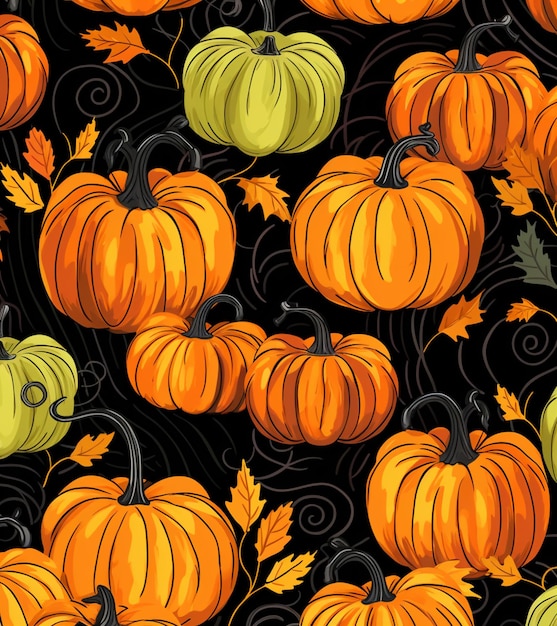 there are many pumpkins and leaves on a black background generative ai