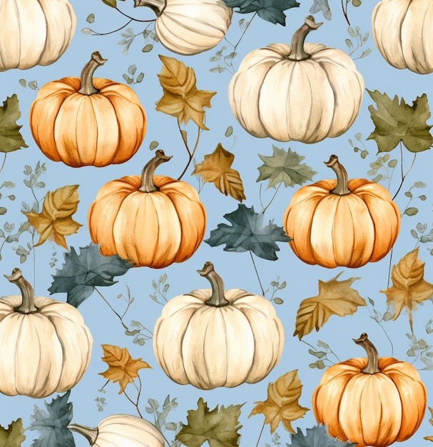 there are many pumpkins and leaves on a blue background generative ai