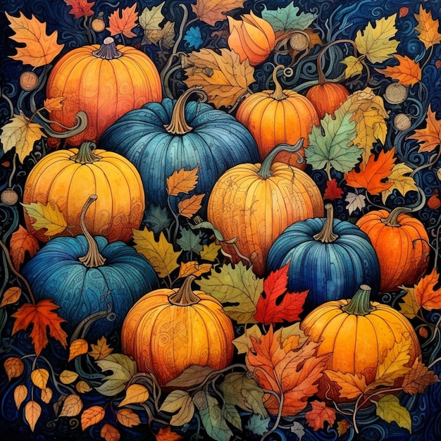 there are many pumpkins and leaves on a blue background generative ai