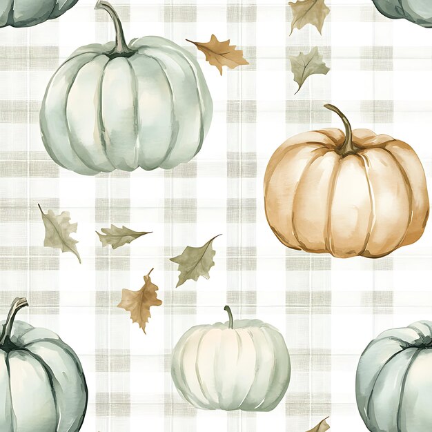 Photo there are many pumpkins and leaves on a plaid tablecloth