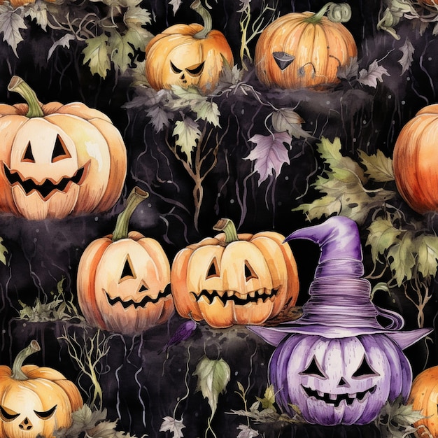 there are many pumpkins with faces and hats on them generative ai