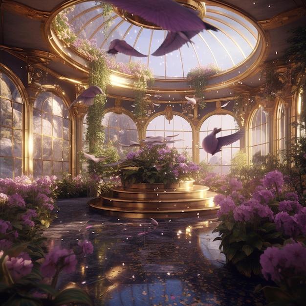 there are many purple flowers in a room with a glass roof generative ai