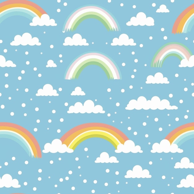 There are many rainbows and clouds in the sky with a blue background generative ai