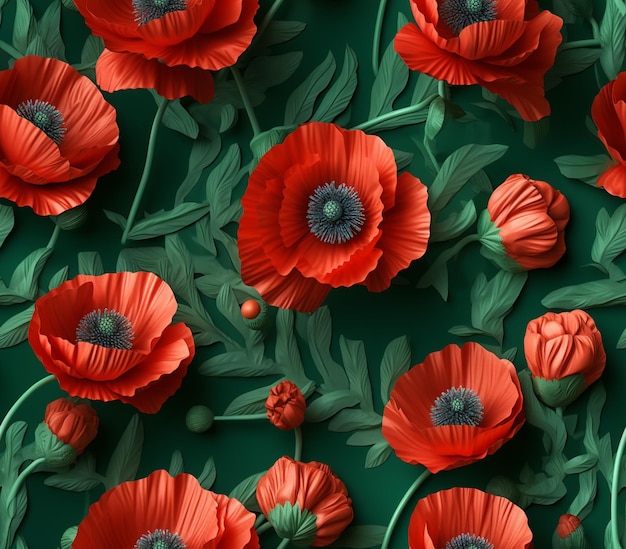 there are many red flowers that are on a green surface generative ai