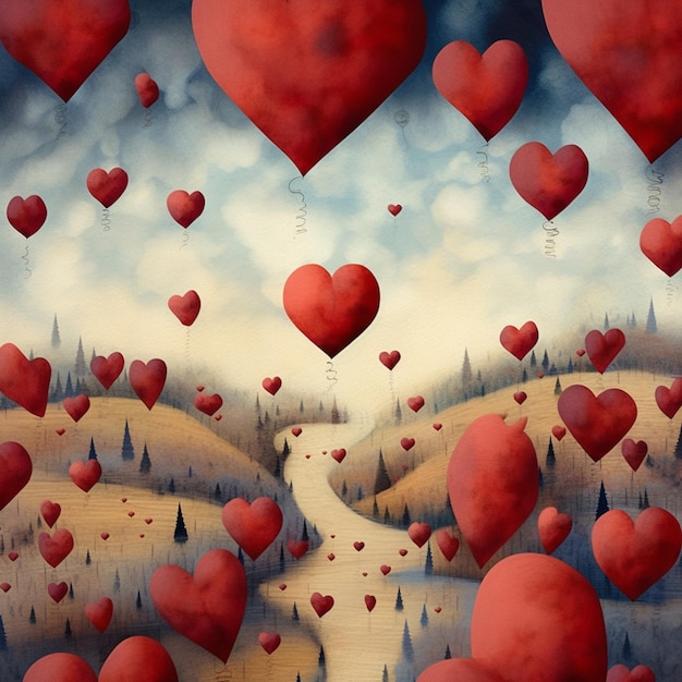 There are many red hearts floating in the air above a field generative ai