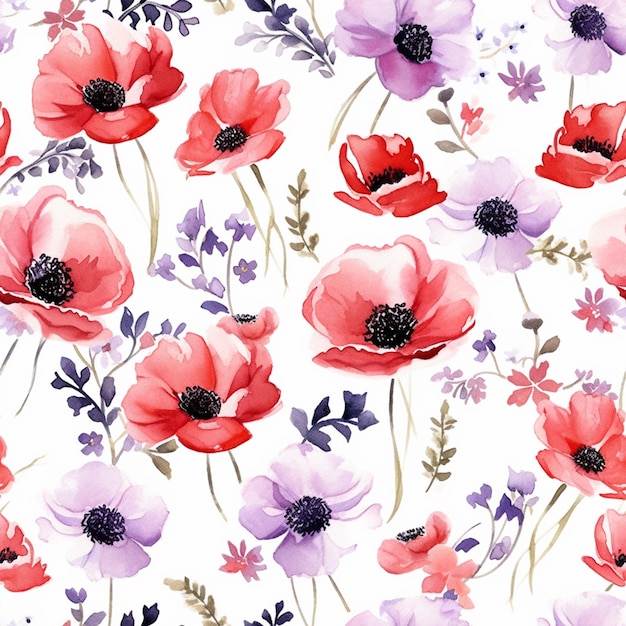 There are many red and purple flowers on a white background generative ai